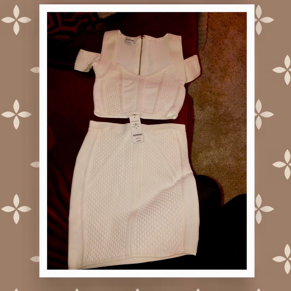 Brand new 2 piece Bebe white top and skirt